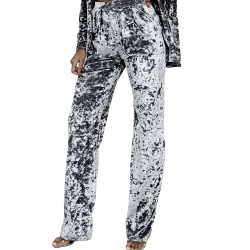 Nwot PrettyLittleThing Silver Crushed Velvet Wide Leg Stretch Pants